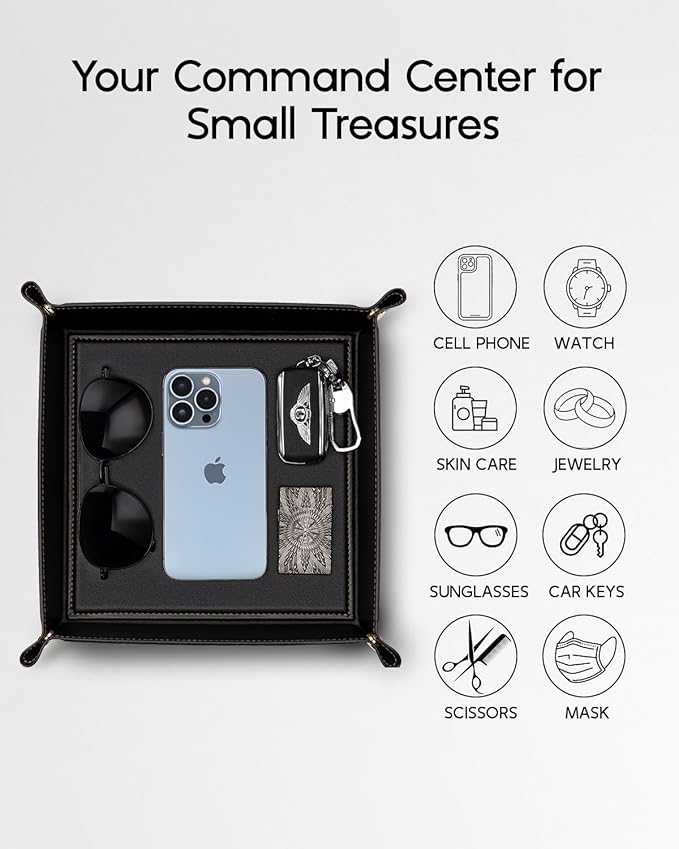 VLANDO Entryway Organizer Tray – Minimalist PU Leather Valet Tray for Keys, Wallet & Phone, Desk or Nightstand Catchall, Elegant Home Decor Gift for Men, Black