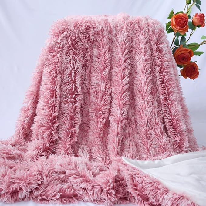 Plush Super Soft Blanket Bedding Sofa Cover Furry Fuzzy Fur Warm Throw Qulit Cozy Couch Blanket for Winter (51"x63",Light Burgundy and White)