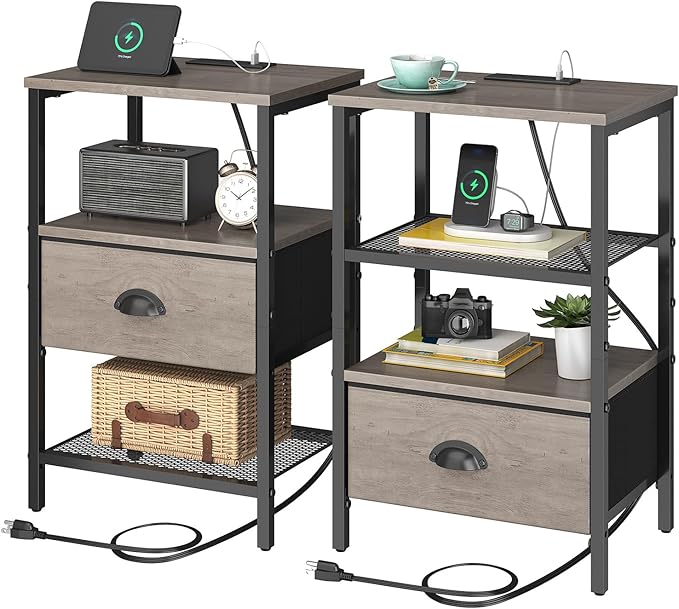 Nightstands Set of 2, Night Stands with Charging Station and Fabric Drawer, Grey Bedside Tables with Drawers, 2- Tier Side Table with Storage, Nightstands with Charging Station,Grey