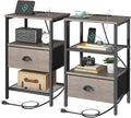 Nightstands Set of 2, Night Stands with Charging Station and Fabric Drawer, Grey Bedside Tables with Drawers, 2- Tier Side Table with Storage, Nightstands with Charging Station,Grey