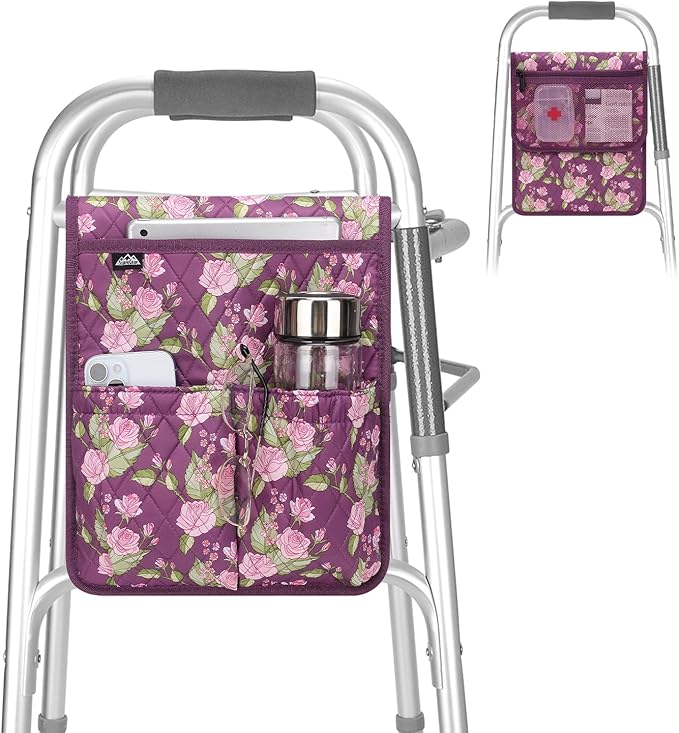 supregear Walker Bag, Universal Seniors Caddy Organizer with Multiple Pockets, Lightweight Accessories for Elderly, Rollators, Wheelchairs and Bedside Rails, Easy to Use Storage Pouch, Floral Purple