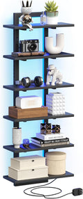 6 Tier Wall Shelf Unit with LED Light, Black Floating Shelf, Vertical Display Shelf, Wall Decor for Bedroom Living Room, Vanity, 15" W x 5.9" D x 43.3" H