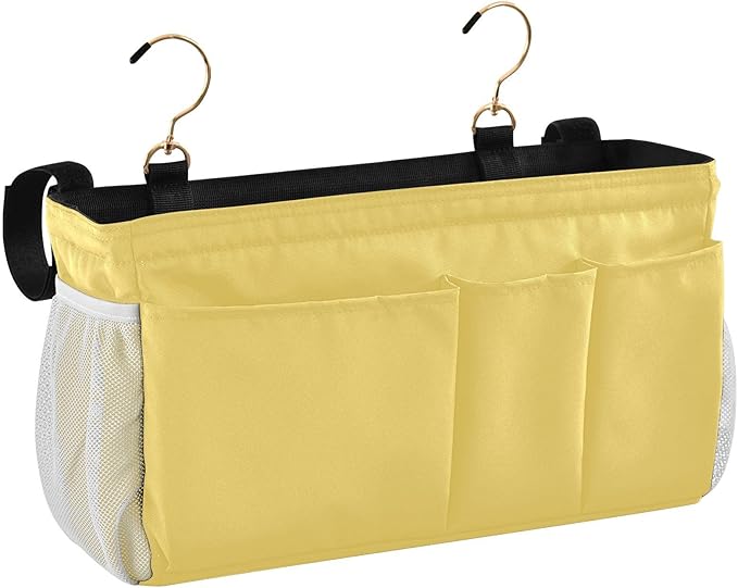 Lemon Yellow Bedside Caddy Storage Bag Bedside Organizer for Dorm Room Top Bunk Bed Hanging Bag Bedside Shelf 6 Pockets with Hooks for Glasses Book Tablet Holder