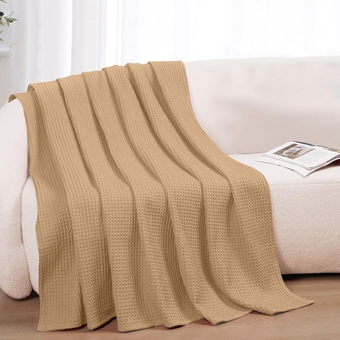100% Cotton Blankets for Bed - Waffle Weave Blankets for Summer, Lightweight and Breathable Soft Woven Blanket for Spring (Beige, Throw (50" x 60"))
