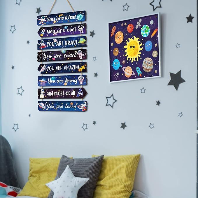 Inspirational Girl Room Decor Aesthetic Art Wall Hanging Sign Inspiring Colorful Rainbow Wooden Decoration for Kids Teens Toddler Boy Baby Bedroom Nursery Dorm Decor, 6-12 Years old (Space)