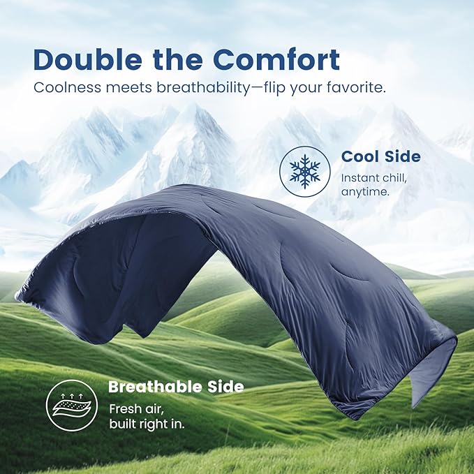 Cozy Bliss Cooling Comforter Queen Size, Reversible Lightweight Cooling Blankets for Hot Sleepers and Night Sweats, Q-Max>0.45 Soft Breathable Silky Smooth Summer Comforter, Dark Blue, 90"x90"