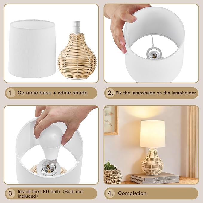 Rattan Table Lamp Boho Lamps Set of 2-12.5" Mini Farmhouse Wicker Light Rustic End Table Decorative Small Lamps for Small Spaces Bedroom Nightstand Living Room Reading Desk Side Table Lamp