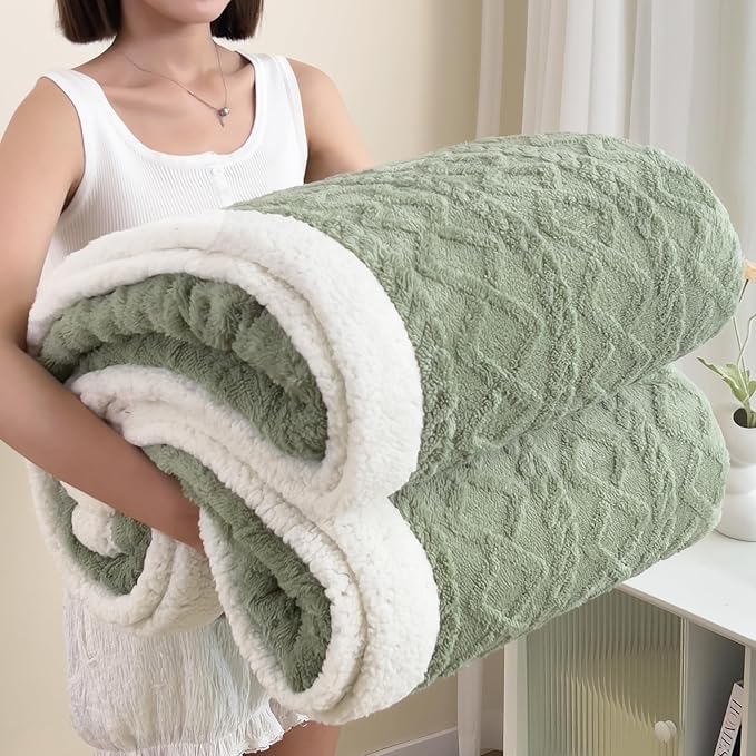 Sherpa Queen Blanket for Bed - Fleece Soft Cozy Fuzzy Blankets Thick Warm for Winter and All Seasons (Green, Queen (90"x90"))