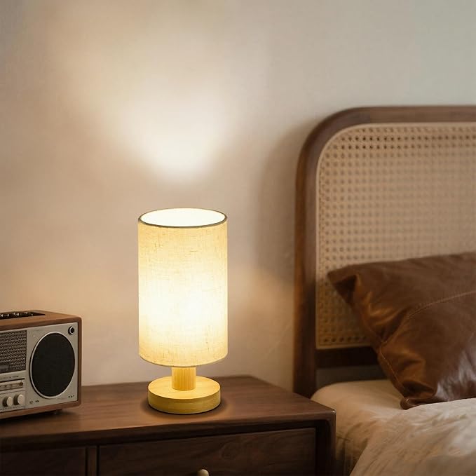 Bedside Lamps Set of 2, Small Bamboo Table Lamps for Bedroom, Minimalist Nightstand Lamps with Linen Shade, Modern Desk Lamp for Living Room, Study, Dorm (LED Bulbs Included)