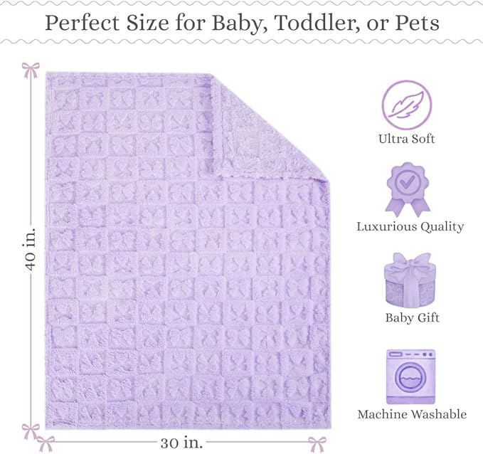 Belle Bow Baby Blanket 30x40 – Ultra Soft Fleece Bow Blanket for Gender Reveal, Cozy Baby & Pet Stroller Blanket for Newborn Infant Toddler (Lavender)