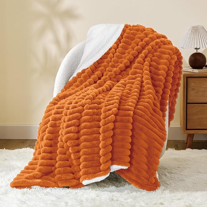 INFIIXSO Sherpa Throw Blanket for Couch - Super Soft & Warm Striped Fleece Blanket, Cozy Plush Fluffy Blanket All Season Use (Burnt Orange, 50x60 Inches)