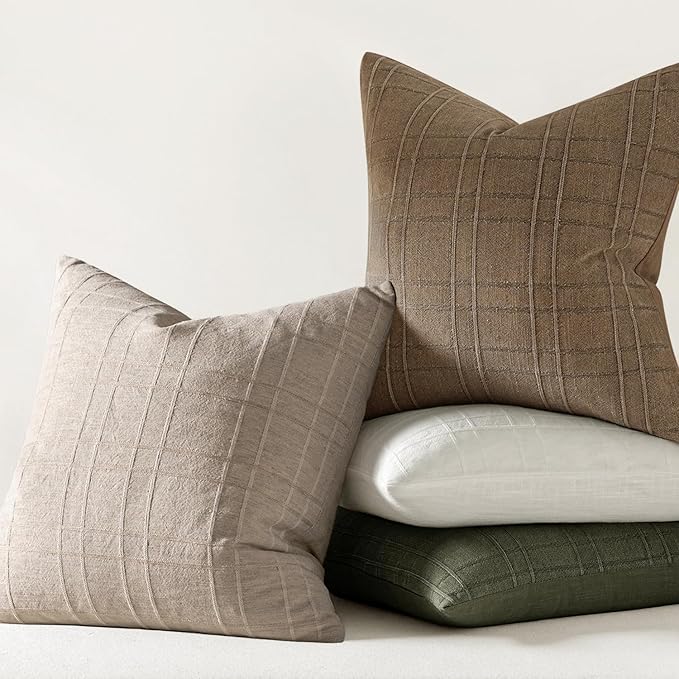 MIULEE Decorative Linen Check Euro Shams Throw Pillow Covers Neutral Farmhouse Vintage Pillow Covers 22x22 Set of 2 Boho Modern Home Decor for Sofa Couch Bedroom Cushion Natural Linen
