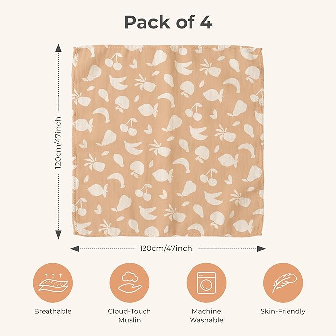 Momcozy Muslin Swaddle Blankets, 4-Pack Breathable and Skin-Friendly Receiving Blankets, Best Wishes Swaddle Blanket Shower Gifts & Baby Registry Essentials, Large 47"x47", Fruits Party