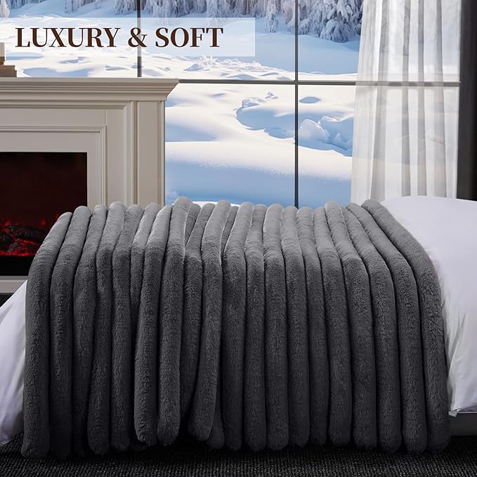 Fluffy Faux Fur Throw Blanket Queen Size, Thick 1000GSM Soft Cozy Throw Blankets for Bed, Plush Striped Warm Fuzzy Blanket for Couch LivingRoom Home Decor & Gifts(80"x 90", Dark Grey)