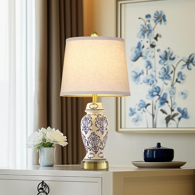 RORIANO Chinoiserie Ceramic Small Table Lamps Set of 2 for Living Room Bedroom Bedside, Traditional Beige and Blue Porcelain Classic Table Lamp for Nightstand Entryway, 2 LED Bulbs Included
