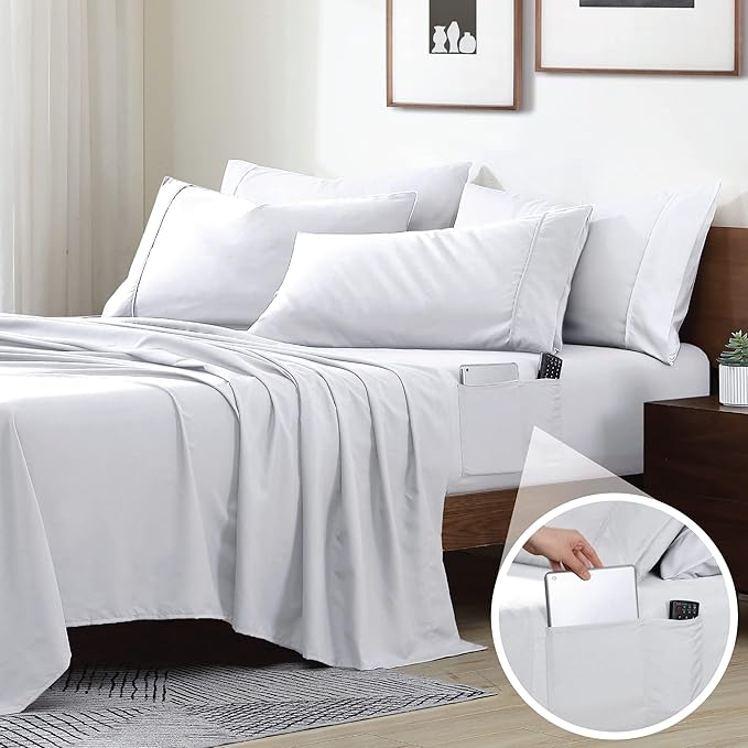 Swift Home Smart Sheets, Ultra Soft Brushed Microfiber 4-Piece Sheet Set, Fitted Bed Sheet with Side Storage Pockets – White, Queen