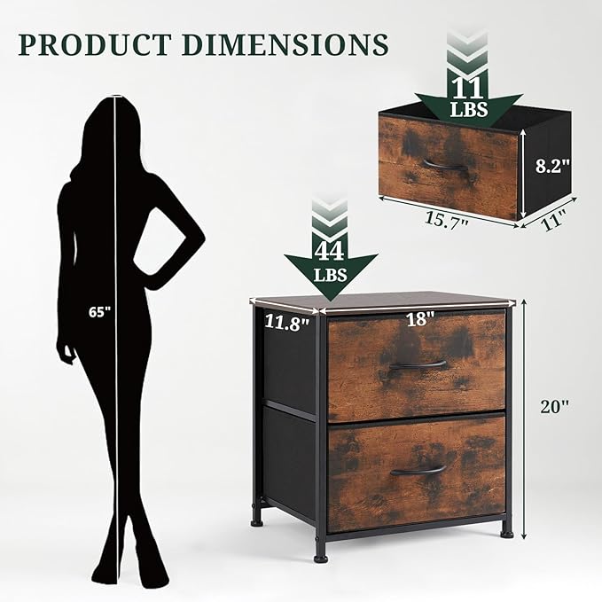 Nightstand Set of 2, Small 2 Drawer Dresser End Table Bedside Furniture, Wooden Top Fabric Bins for Bedroom, Closet, Entryway, Dorm, 11.8" D x 18" W x 20", Brown