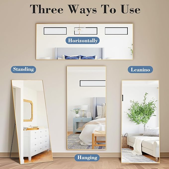 Mirror Full Length, Upgraded Body Wall Mirrors with Shatter-Proof Glass, Floor Standing, Hanging or Leaning, Tall Mirror with Stand Aluminum Alloy Frame for Bedroom