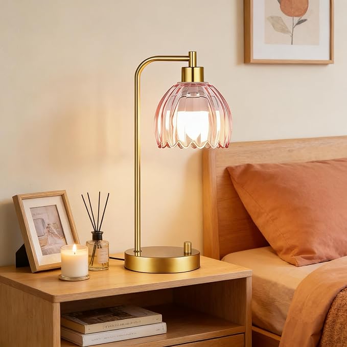 Pink Table Lamp Set of 2,Small Gold Bedside Lamps Dimmable Boho Bedroom Lamp with Tulip Flower Glass Lamp Shade,Vintage Mid Century Modern Mini Nightstand Lamp for Kids Bedroom Living Room