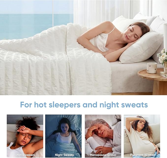 Cozy Bliss Vertical Striped Seersucker Cooling Comforter King Size, Lightweight Airflow Silky Cooling Bedding with Q-Max>0.45 for Bedroom, Home Decor, Hot Sleepers & Night Sweats, White 106"×90"