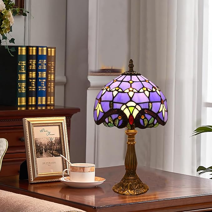 Tiffany Style Table Lamp, Blue Baroque Style Stained Glass Lamp, 8 Inch Small Antique Lamp, for Bedside Nightstand Bedroom Living Room Home Office, Include LED Bulb