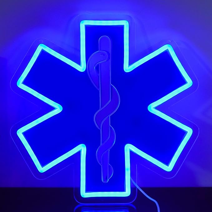 Star of Life LED Neon Sign, 12 x 12 Inches, Pink, USB Powered Wall Decor for EMT Paramedic, Garage, Game Room, Bedroom, Man Cave