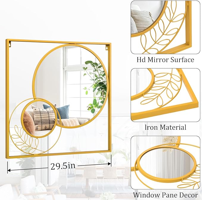 Gold Metal Mirror Set, Square Large Wall Mounted Mirror Golden Modern Artistic Decorative Mirrors for Bedroom Living Room Entryway 30x30 Inch Decor