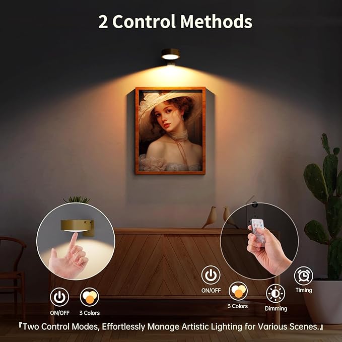 6 Pack Picture Lights for Wall, Rechargeable Battery Operated Wall Lights, Picture Frame Lights with 3 Lighting Modes, Wireless Magnetic Painting Light with Remote Control Timer, (Golden)