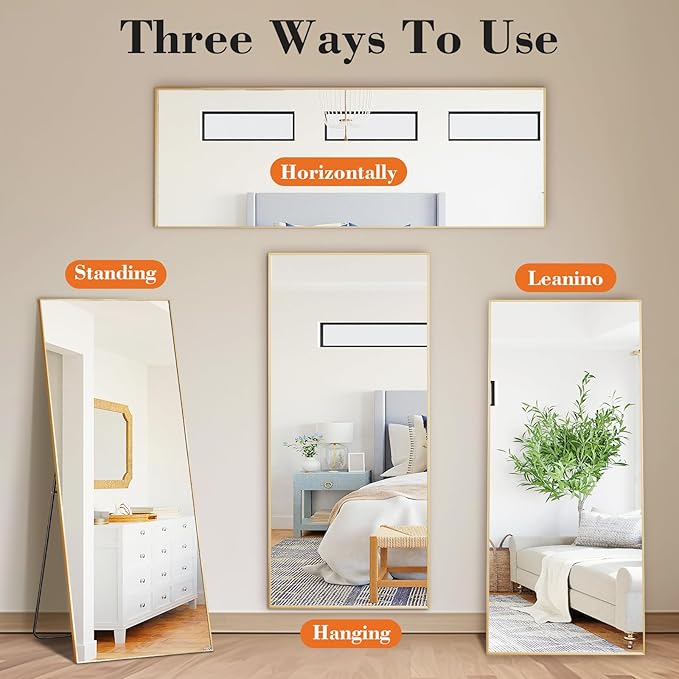 DUMOS Full Length Mirror 24"x 65.1" for Bedroom, Full Body Mirror with Stand, Hanging or Leaning for Wall, Aluminum Alloy Thin Frame Floor Standing for Living Room, Long, Gold