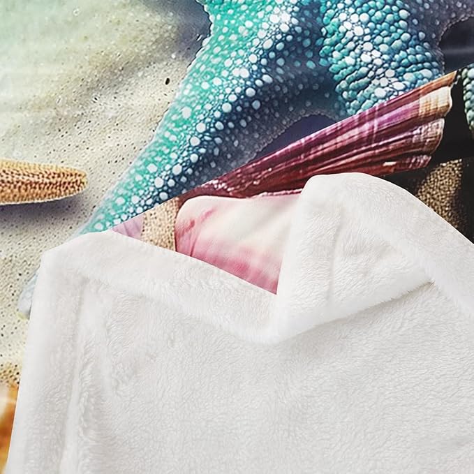 Erosebridal Ocean Beach Fleece Blanket Starfish Conch Shell Blanket Throw Teal Calm Sea Coastal Sherpa Blanket for Kids Girls Women Hawaiian Beach Holiday Fuzzy Blanket Queen 90"x90" Purple Yellow