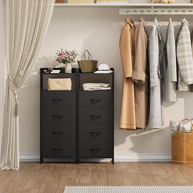 Somdot Nightstand with 4 Drawers, Vertical Storage Tower Fabric Dresser for Bedroom, Night Stand Bedside Table Furniture, Sturdy Steel Frame, Wooden Top & Easy Pull Fabric Bins, Black