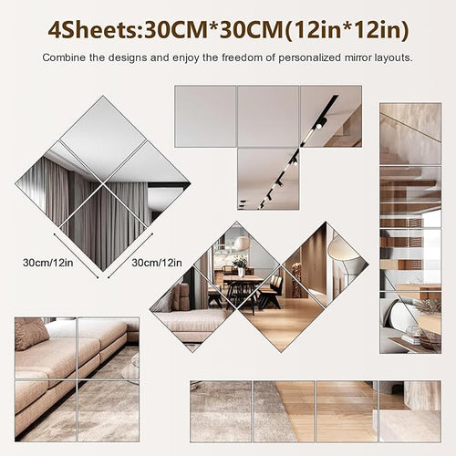 4 Pack Wall Mirror Full Length, 12 x 12 Inch Acrylic Mirror Tiles, Shatterproof Flexible Plastic Mirror Sheets for Bedroom Home Gym Door