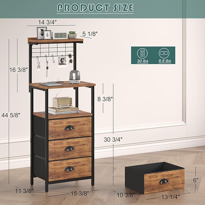 Tall Nightstands with Charging Station, LED Night Stand Bedsides with 3 Fabric Drawers,Hooks,USB Port and Open Storage Shelves,Tall End Table Bedside Tables for Bedroom,Office, Rustic Brown