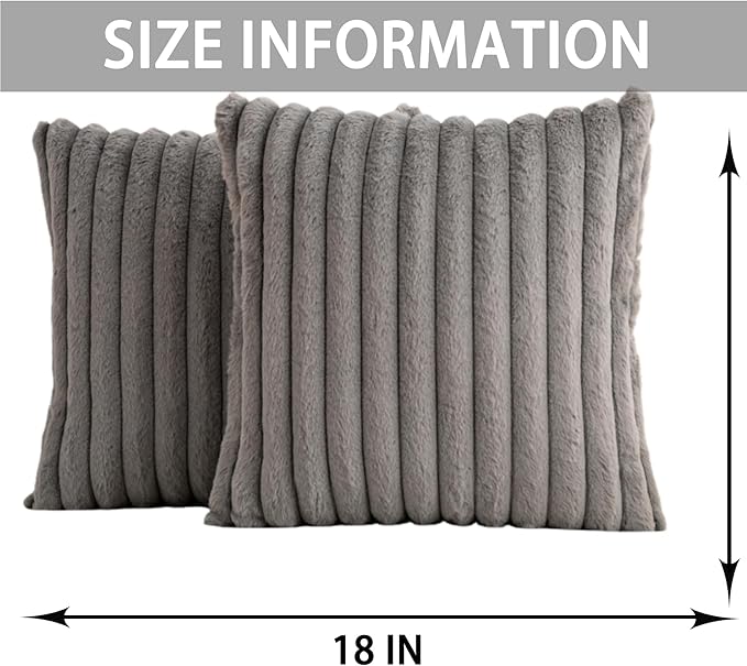 Aegero Pack of 2 Faux Fur Christmas Throw Pillow Covers 18x18 Inch, Soft Plush Striped Neutral Couch Pillow Cover, with Velvet Back Modern Home Decor for Sofa Living Room Couch Bed Dark Grey
