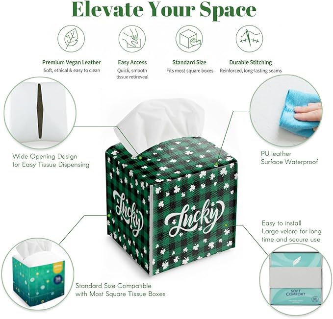 St.Patrick's Day Napkin Tissue Box Cover, Buffalo Plaid Shamrock Lucky Waterproof Leather Paper Organizer Dispenser for Table Dining, Bathroom, Nightstand Vanity, Car, Housewarming Gift Ideas, D