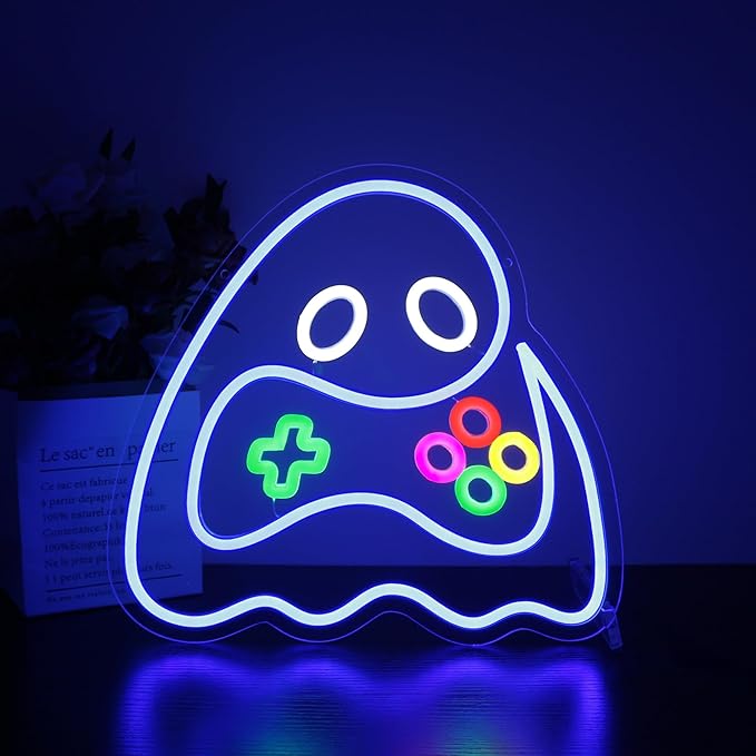 Neon Sign, HSJNJKFU Game Neon Signs for Wall Decor Ghost Gaming Led Light up Signs for Room Home Halloween Playroom Party Bar Beer Signs for Man Cave - LED Neon USB Powered