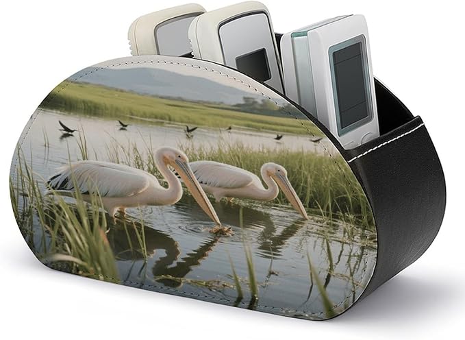 2 Pelicans Remote Control Holder Organizer Box with 5 Compartment PU Leather Bedside Storage Caddy Remote Organizer for Controller Media Player Pen/Pencil Storage
