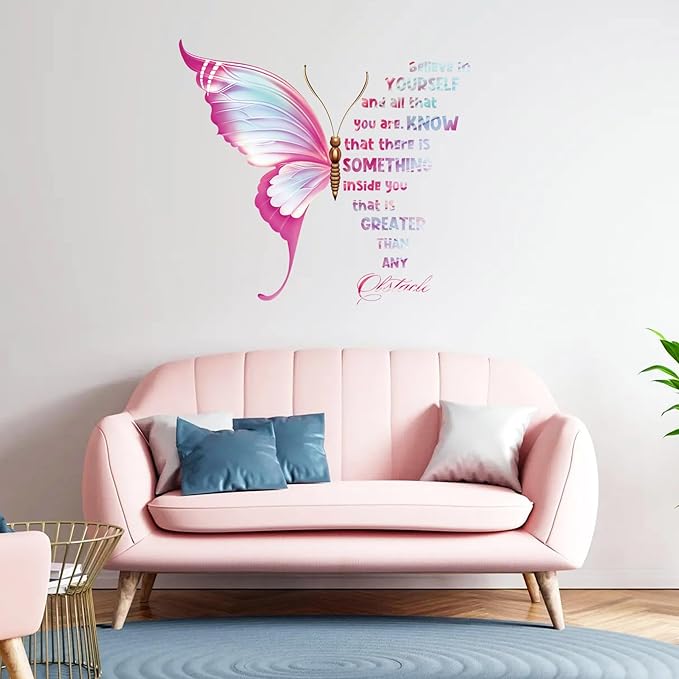 Large Inspirational Butterfly Wall Decals Stickers, Motivational Saying Positive Peel and Stick Wall Art Decals for Women Girls Bedroom Living Room Office(Pink)