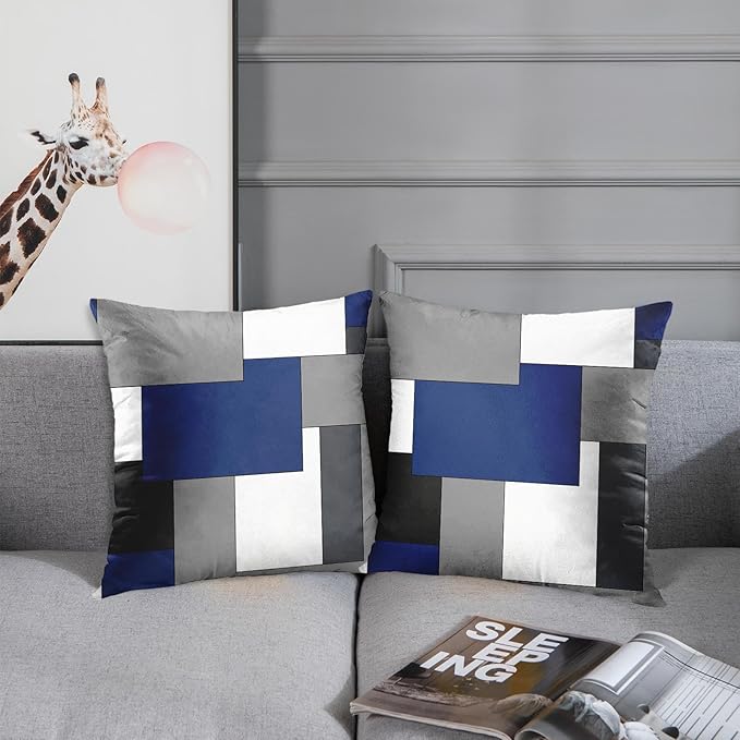 Emvency Set of 2 Dark Blue Geometric Throw Pillow Cover Black Grey White Painting Abstract Checkered Design Decorative Pillow Case Modern Home Decor Standard Square 18x18 Inch Cushion Pillowcase