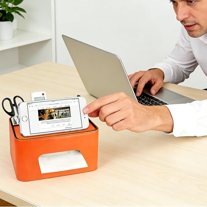 PU Leather Tissue Box Cover Square - Multifunctional Tissue Box Holder with Storage, Tissue and Remote Control Holder Organizer with Compartments for Bedroom Nightstand, Desk, Living Room (Orange)