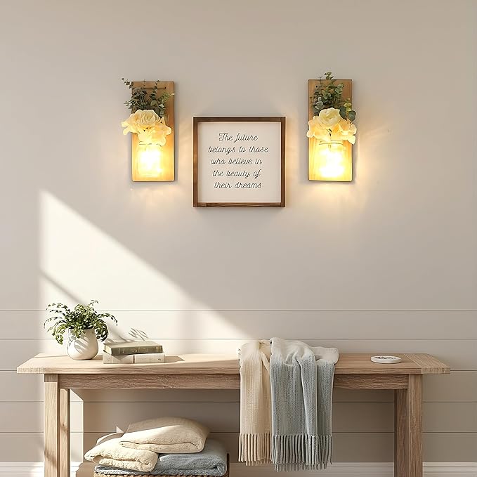 Besuerte Wall Hangings for Living Room, Rustic Home Decor, Farmhouse Bedroom Decor, Wall Decor Living Room with Led Fairy Lights & Rose Flowers, Wall Art Set of 2, XL Jacobean