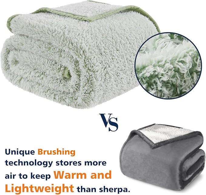 EMME Soft Sherpa Fleece Blanket Reversible Plush Fluffy Large Blanket, Light Weight Warm Decorative Boho Blanket Cover for Sofa, Couch, Bedroom,Travel(Plush Sage,50"x60")