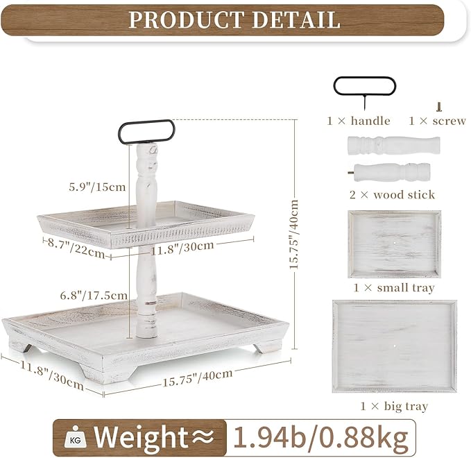 Hanobe Tiered Tray for Table Decor: Spring 2 Tier Decorative Tray Stand for Coffee Bar - Large Farmhouse White Display Stands for Holiday - Wood for Kitchen Counter Decorations