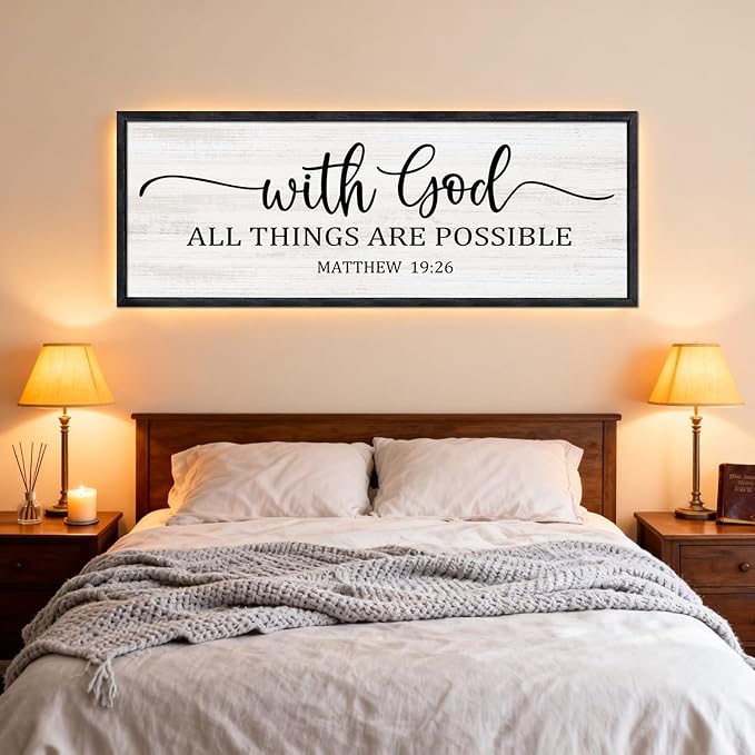 With God All Things are Possible Framed Wall Art, 40''×15'' Black Positive Religious Rustic Bible Verse for Christian God Jesus Christ Prayer, Holy Horizontal Inspirational Catholic Scripture Decor
