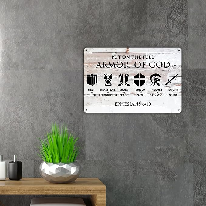 QIONGQI Funny Put on The Full Armor of God Metal Tin Sign Wall Decor, Farmhouse Rustic Christian Sign for Home Decor Gifts