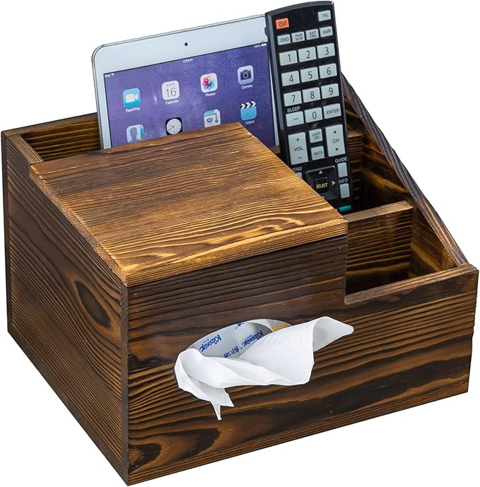 MyGift Deluxe Burnt Wood Remote Control Caddy with Tissue Box Cover – Multi-Compartment Organizer for TV Remotes, Phone, Tablets and Living Room Essentials