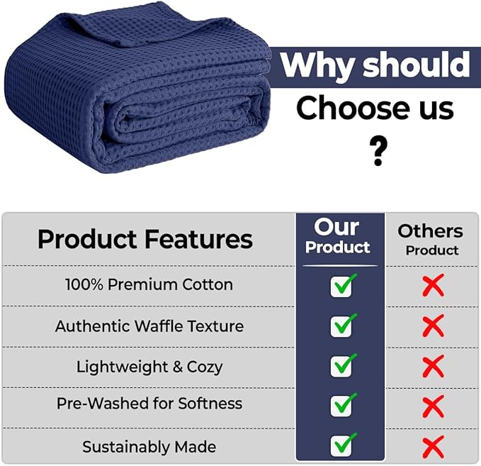 100% Cotton Blankets for Bed - Waffle Weave Blankets for Summer, Lightweight and Breathable Soft Woven Blanket for Spring (Navy, Throw (50" x 60"))