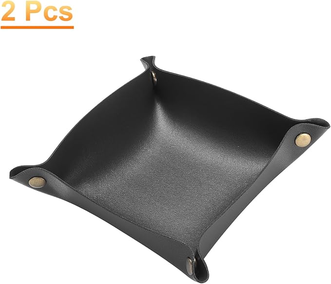 HARFINGTON 2pcs PU Leather Valet Tray Unisex Folding Small Catchall Tray Portable Entryway Table Tray Nightstand Bedside Desk Tray for Key Wallet Watch Coin Jewelry Dice, Black
