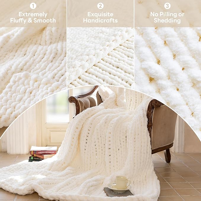 Chunky Knit Blanket - Luxury Soft Cozy 40 * 50 Throw Blanket,100% Woven Blanket Rope Knot Throw Blanket for Couch, Sofa, Home Decor, Gift - Machine Washable (Ivory White, 40 * 50)