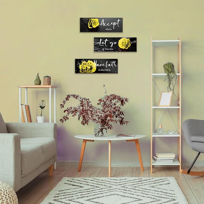 ZINYAZHE 3 Pcs Yellow Wall Decor Inspirational Yellow Rose Bathroom Wooden Wall Art Office Wall Decor With Accept Let Go Have Faith Quotes For Girl Women Bathroom Bedroom(yellow 12 X 4 Inch)